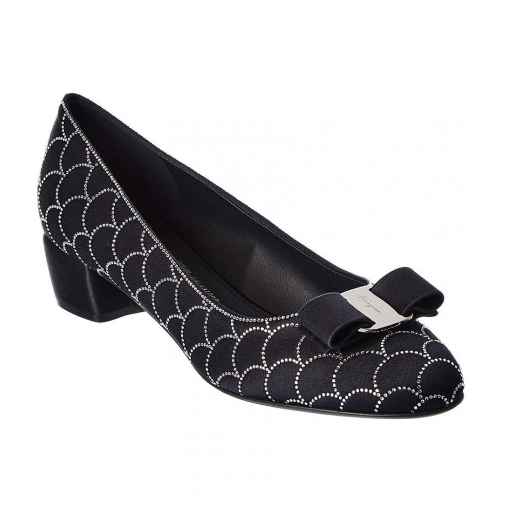 Salvatore Ferragamo Vara Bow Scallop Rhinestone Silk Satin Heeled Ballet Flats